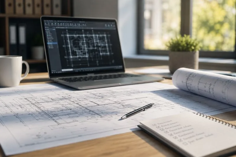 Schreibtisch mit CAD-Zeichnung am Laptop, ausgebreiteten Bauplänen und Notizblock