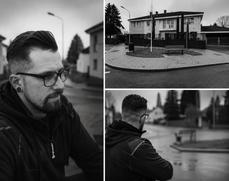 Christopher Hanser, Portraitcollage mit ruhiger Wohnstraße in Schwarz-Weiß