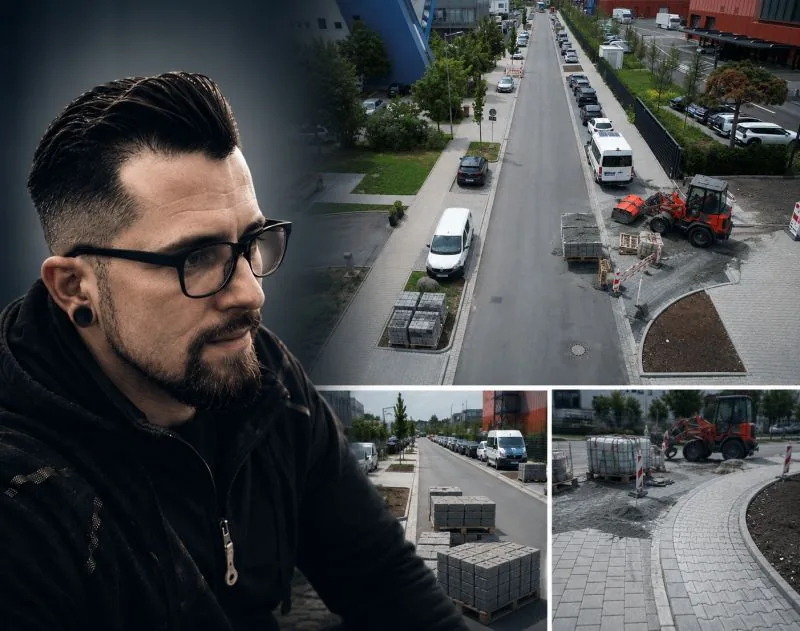 Christopher Hanser und Luftbild einer Baustelle mit Materiallager im Straßenbau