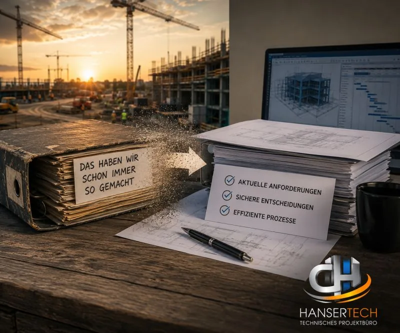 Symbolbild Arbeitsvorbereitung: alter Aktenordner und neuer Bauplan auf dem Baustellenbüro-Tisch