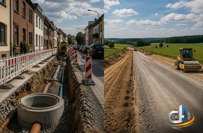 Straßenbaustelle: Leitungsbau im Wohngebiet und Straßenwalze bei Straßenbauarbeiten im Neubaugebiet