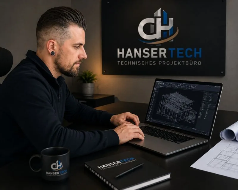 Christopher Hanser am Laptop mit CAD-Modell vor dem HanserTech-Logo im Büro